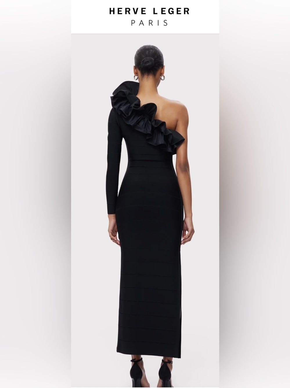 Herve Leger Black One-Shoulder Ruffle Gown NEW